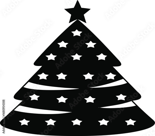 Stylized black and white graphic of a christmas tree adorned with stars and a star topper festive holiday celebration silhouette