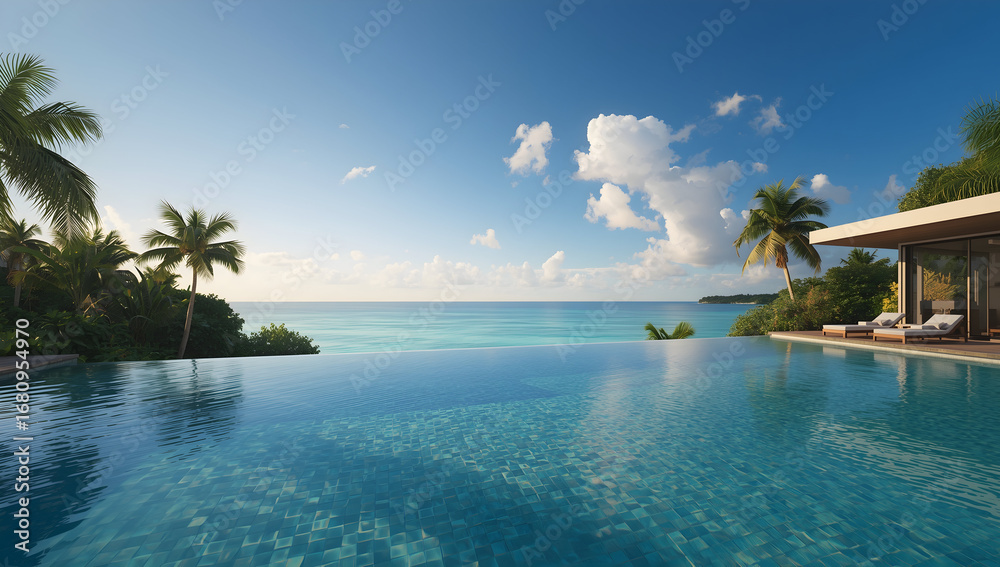 Fototapeta premium Relaxing poolside serenity overlooking ocean tropical paradise high-quality image scenic background
