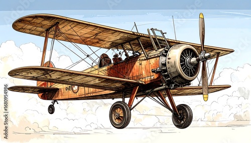 A vintage biplane, depicted in warm hues, takes flight against a light blue sky dotted with soft clouds.