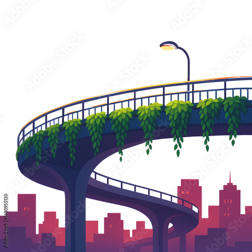A winding overpass with cascading ivy in a modern city, illustrating the integration of nature and urban architecture for a sustainable future