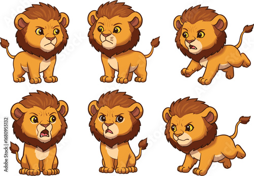 Cartoon lion cub with expressive poses, emotional animal character, cute jungle illustration, stock design, storytelling theme, wild pet