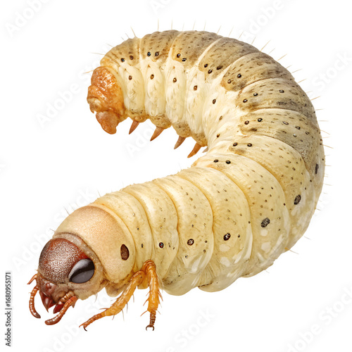 Grub larva isolated on transparent background, closeup view of the insect
