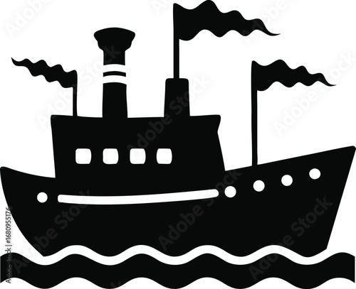 Stylized silhouette of a classic steamship sailing on wavy waters with billowing flags and smoke stack emissions silhouette
