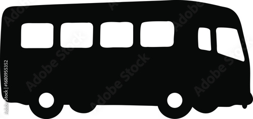 Simple stylized black silhouette of a passenger bus with multiple windows and wheels silhouette