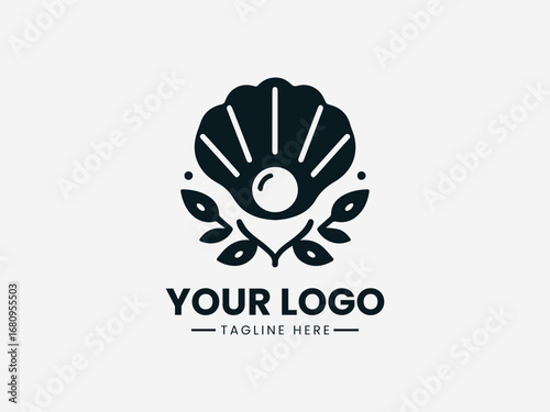 A beautiful vector logo illustration of an elegant pearl inside a sea shell with decorative laurel leaves
