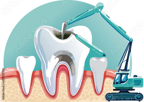 Science illustration of teeth and gum with visible decay and dental tool, promoting awareness of oral hygiene in educational settings.

