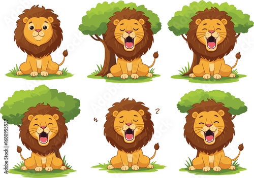 Cartoon lions showing emotions, expressive animal poses, cheerful characters, nature scene, fun illustration, stock design, storytelling art, jungle theme