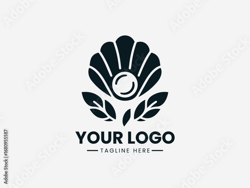A beautiful vector logo illustration of an elegant pearl inside a sea shell with decorative laurel leaves