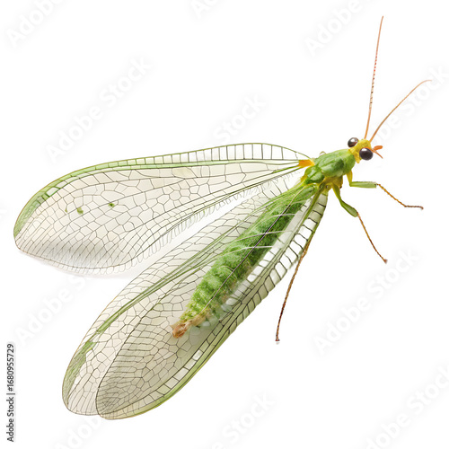 A green lacewing with transparent wings is isolated on transparent background, flying