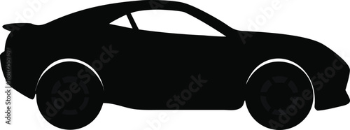 Sleek black silhouette of a sports car with visible wheels and spoiler aerodynamics silhouette