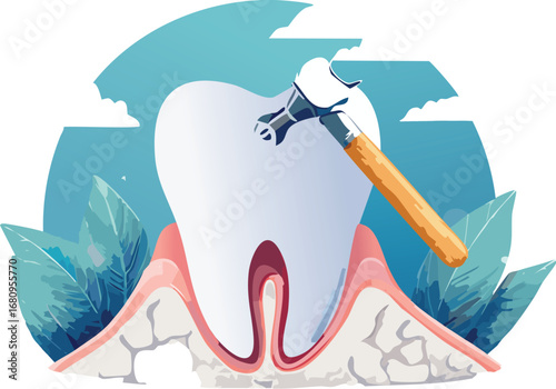 Educational dental anatomy image showing cavity in central tooth with tool pointing to decay, ideal for teaching children about oral hygiene.
