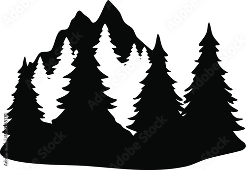 Stylized silhouette of majestic mountain peaks and evergreen trees creating a serene wilderness landscape scene silhouette
