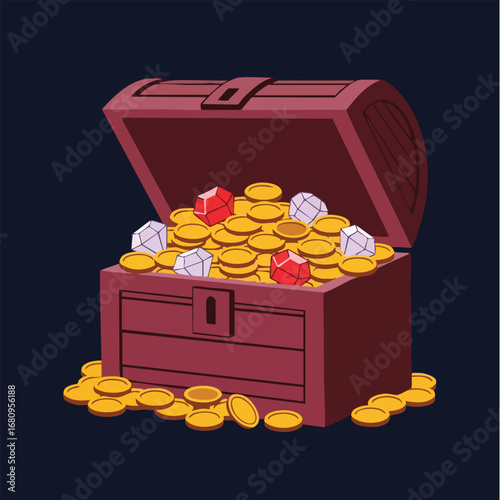 An open wooden treasure chest overflowing with shiny gold coins red rubies and white diamonds.
