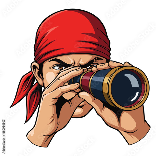 Pirate with Red Bandana Looking Through Spyglass.
