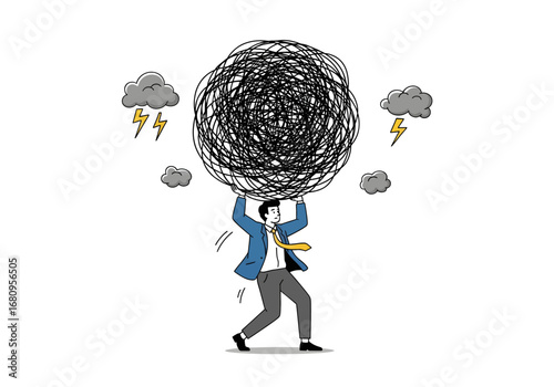 A man struggles under the weight of a chaotic, tangled mess, symbolizing stress and confusion, with storm clouds and lightning bolts adding to the tense atmosphere.