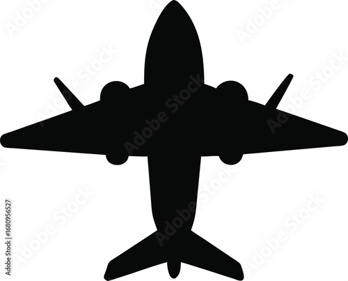 Bold black silhouette of a modern jet airplane viewed from above for travel and aviation themes silhouette