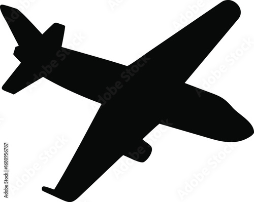 Simple black silhouette of a modern airplane in flight isolated on a representing travel and aviation concepts silhouette