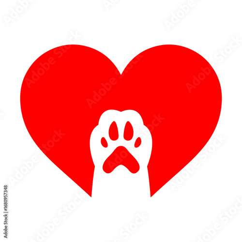 Cat paw in red heart svg cut file. Isolated vector illustration.