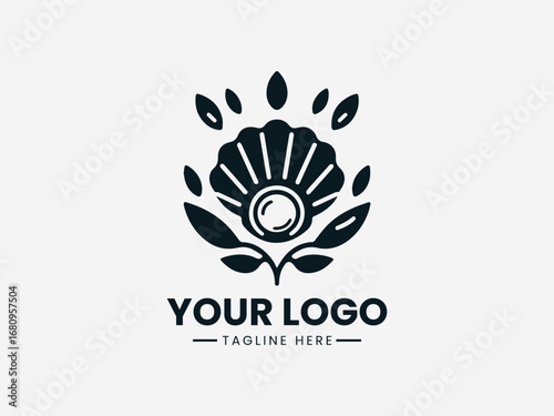 A beautiful vector logo illustration of an elegant pearl inside a sea shell with decorative laurel leaves