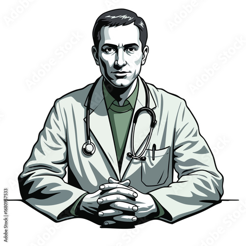 Serious male doctor in lab coat with stethoscope hands clasped looking forward.
