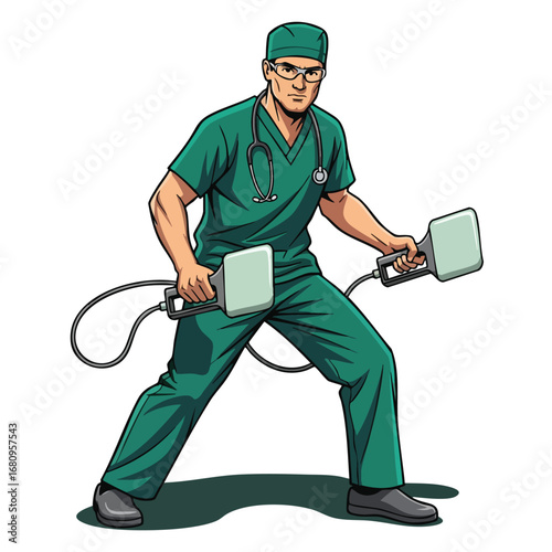 Muscular Surgeon in Scrubs Holding Defibrillator Paddles Ready for Action.
