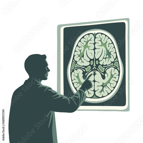 Silhouette of a doctor or scientist analyzing a human brain MRI scan on a screen.
