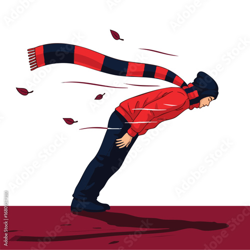 Person leaning against strong wind red scarf blowing.
