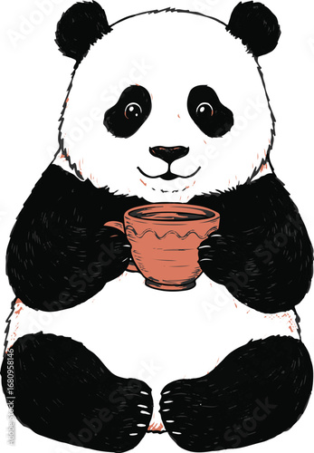 Seated Panda Bear Holding a Terracotta Cup with Transparent Background animal mammal