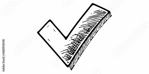 Illustration of a hand drawn check mark with hatching and a three dimensional effect on a white background