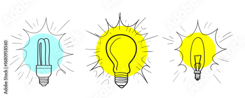 Light bulb sketch icon set. Doodle lamps, hand drawn idea concept, scribble lightbulbs