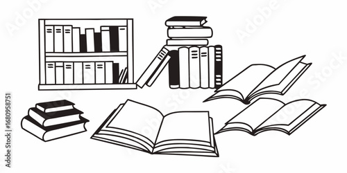 Illustration of a bookshelf with books stacked and open books scattered around in a black and white style