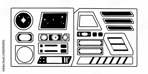 Illustration of a spaceship control panel with various buttons and display screens in black and white style
