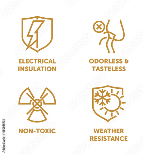 Silicone icons in bold line - Non-toxic, Weather Resistance, Insulation, Odorless