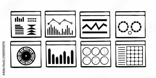 Eight square frames displaying different types of charts and graphs in a black and white sketch style