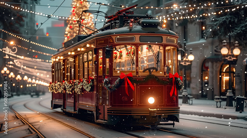 Wallpaper Mural Vintage red tram decorated with Christmas lights riding through snowy festive city street Torontodigital.ca