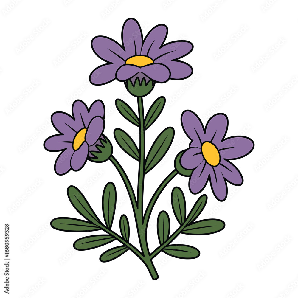 Fototapeta premium Purple wildflowers with yellow centers and green leaves