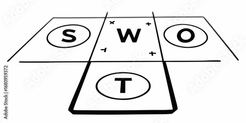 Illustration of swot analysis diagram with strengths weaknesses opportunities and threats in black and white
