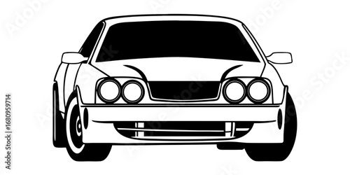 Front view of a white car with black accents and round headlights in a simple vector illustration