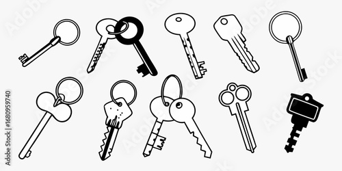 Illustration of ten different keys with varying shapes and designs in a black and white color scheme