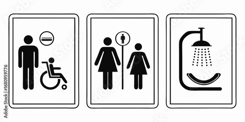 Illustration of three signs indicating restroom access for men, women and children, and a shower area