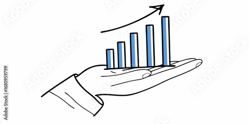 Hand holding blue bar graph with upward arrow representing growth and success in business or finance