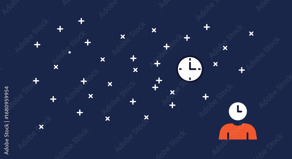 Fototapeta premium Flat vector cartoon clock and stars night sky illustration