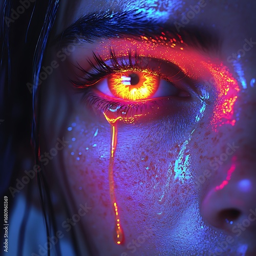 Close up photo of fiery eye with tears glowing with radiant neon colors