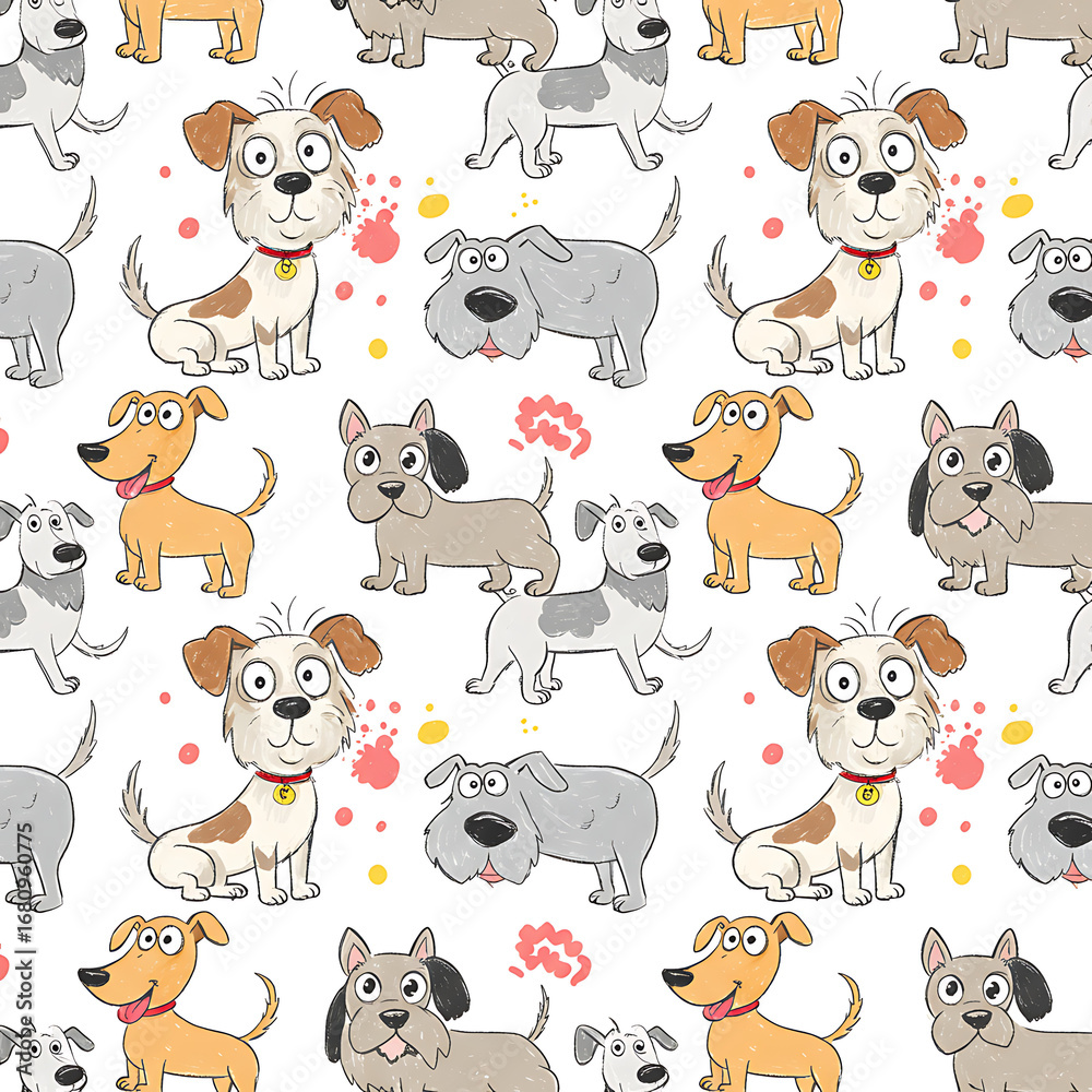 Obraz premium Hand drawn doodle cute dogs. Seamless pattern with plaing pets 