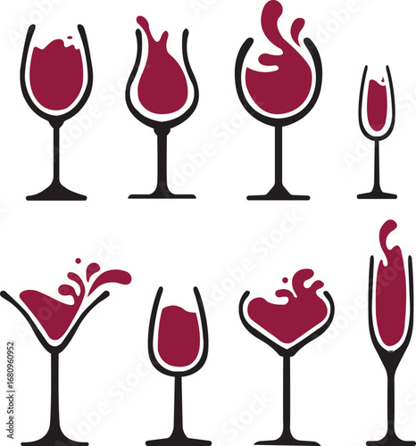 Wine glass and bottle silhouette,Wineglass or Champagne Glasses Line Icon Set. Celebration and Holidays Line Icon Set Vector Design on White Background.Splash of wine,Glass of wine