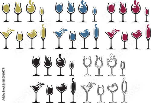 Wine glass and bottle silhouette,Wineglass or Champagne Glasses Line Icon Set. Celebration and Holidays Line Icon Set Vector Design on White Background.Splash of wine,Glass of wine
