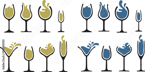 Wine glass and bottle silhouette,Wineglass or Champagne Glasses Line Icon Set. Celebration and Holidays Line Icon Set Vector Design on White Background.Splash of wine,Glass of wine