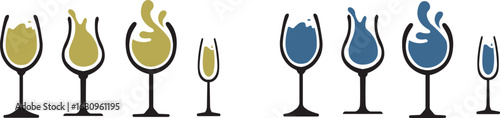 Wine glass and bottle silhouette,Wineglass or Champagne Glasses Line Icon Set. Celebration and Holidays Line Icon Set Vector Design on White Background.Splash of wine,Glass of wine