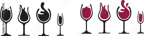 Wine glass and bottle silhouette,Wineglass or Champagne Glasses Line Icon Set. Celebration and Holidays Line Icon Set Vector Design on White Background.Splash of wine,Glass of wine