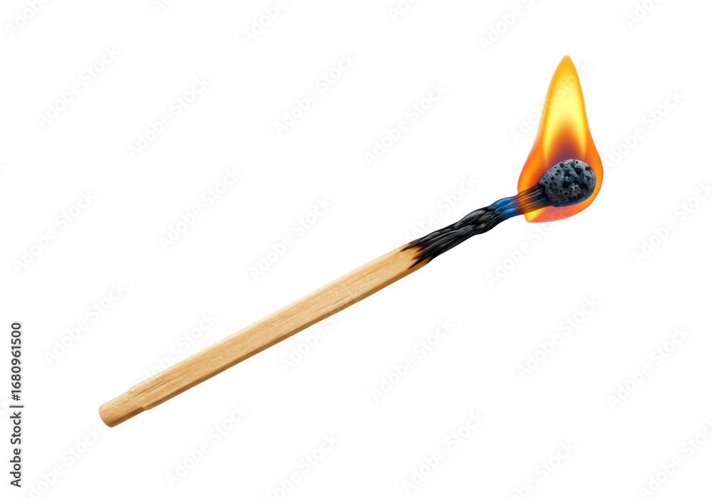 Isolated matchstick ablaze with bright flame, fire burning intensely, heat and fiery concept Isolated matchstick ablaze with bright flame, fire burning intensely, heat and fiery concept